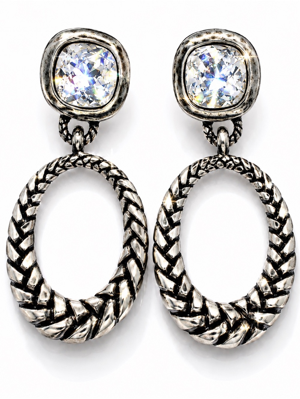 Silver Tone Cushion Crystal Braided Oval Drop Earrings Statement 2”